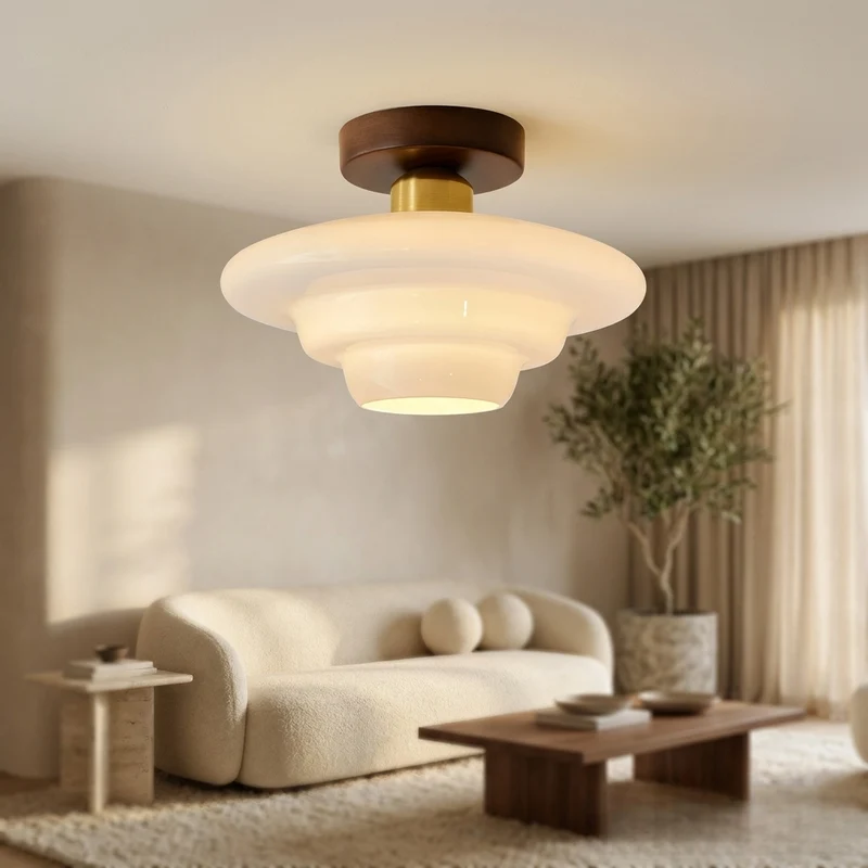 Plafondlamp Hout en Glas – Ronde Houten Plafondlamp van Walnoot met Koper, E27 – ⌀ 28/30/32 cm voor Hal, Gang, Keuken en Eetkamer | Sansoti