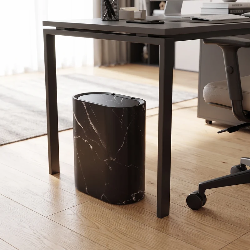 Prullenbak Bureau met Deksel Compact 29x29x14,5 cm Ovaal Marmerlook Kantoor Slaapkamer | Sansoti