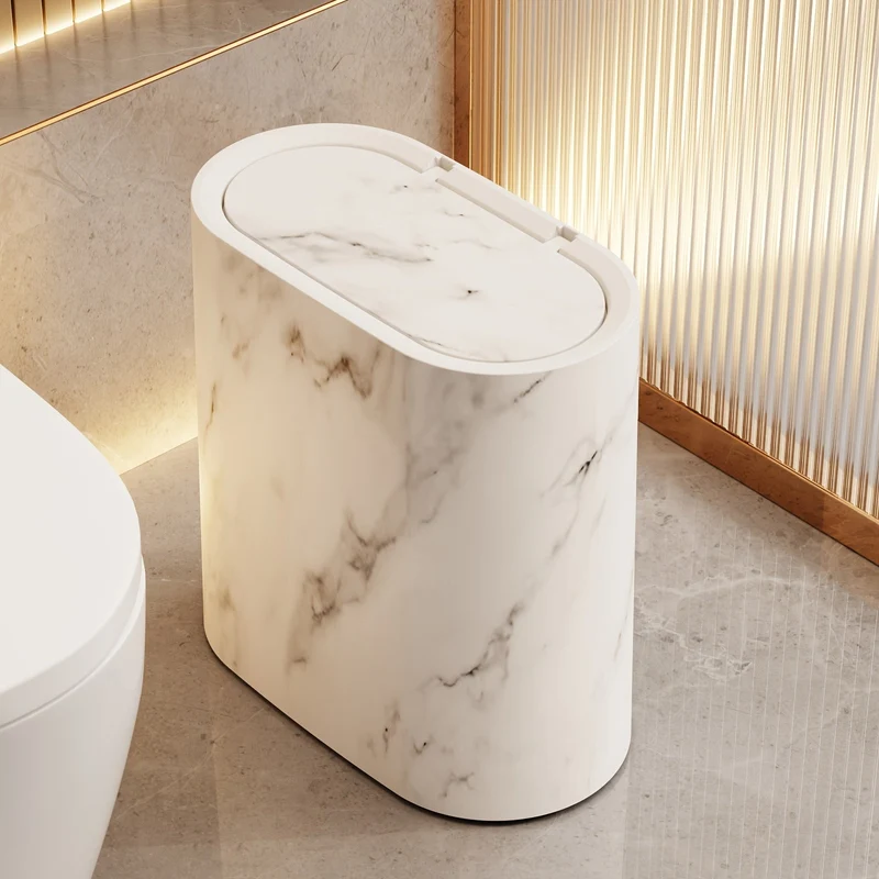 Prullenbak Bureau met Deksel Compact 29x29x14,5 cm Ovaal Marmerlook Kantoor Slaapkamer | Sansoti