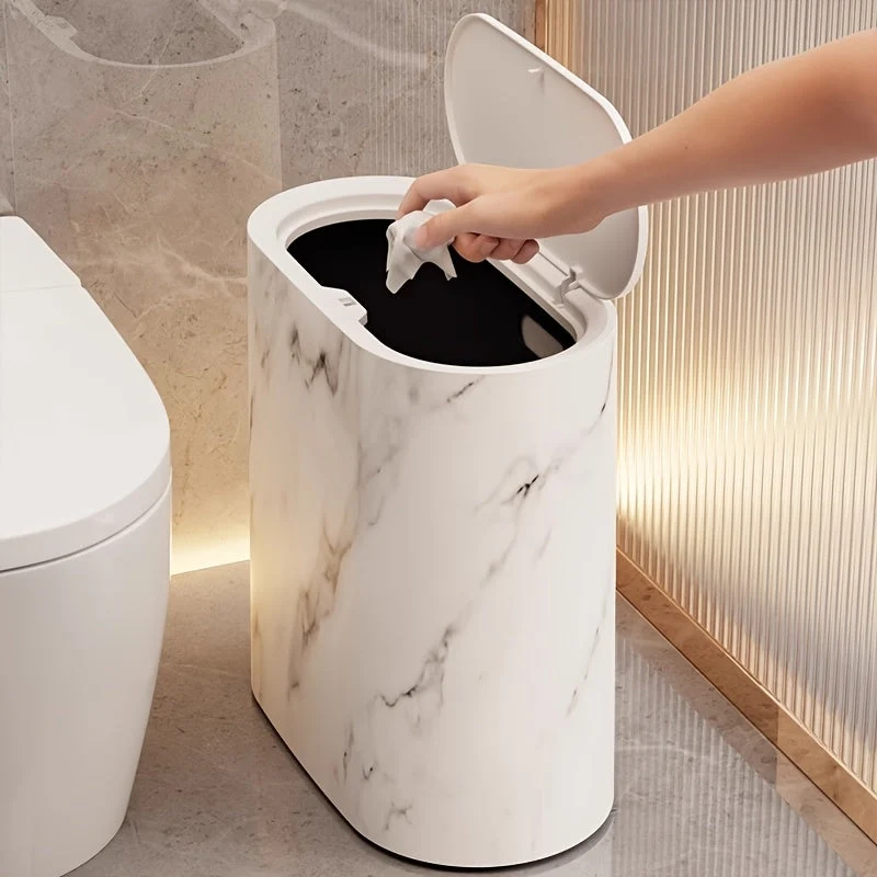 Prullenbak Bureau met Deksel Compact 29x29x14,5 cm Ovaal Marmerlook Kantoor Slaapkamer | Sansoti