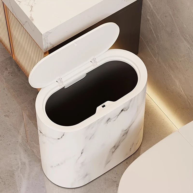 Prullenbak Bureau met Deksel Compact 29x29x14,5 cm Ovaal Marmerlook Kantoor Slaapkamer | Sansoti