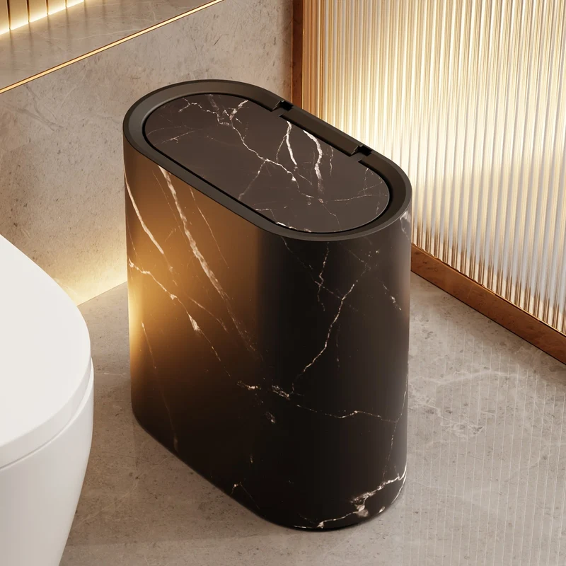 Prullenbak Bureau met Deksel Compact 29x29x14,5 cm Ovaal Marmerlook Kantoor Slaapkamer | Sansoti