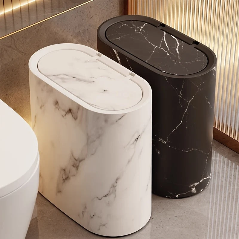 Prullenbak Bureau met Deksel Compact 29x29x14,5 cm Ovaal Marmerlook Kantoor Slaapkamer | Sansoti