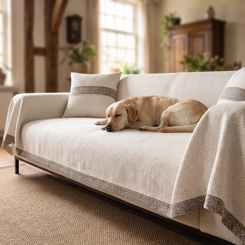 Bankhoes Hond Antislip Katoen-Linnen 70x210 tot 110x240 cm Wasbaar op 30 Graden Wit Beige | Sansoti