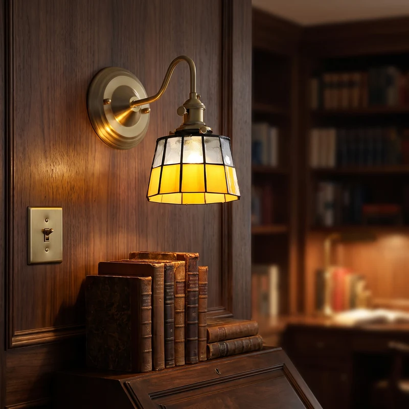 Koperen Wandlamp Studeerkamer E27 Gekleurd Glas 24-28 cm Hoog Art Deco Binnen Bibliotheek | Sansoti