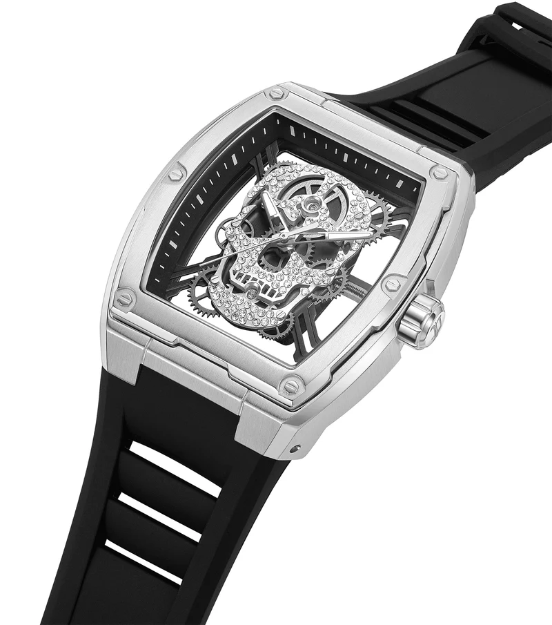 Police Cranium PEWJM0081301 Herrenuhr Schwarz • Skelettiertes Zifferblatt • Tonneau-Gehäuse