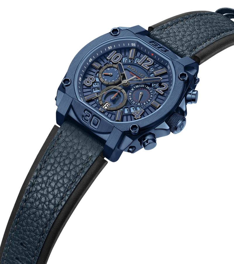 Police Norwood PEWJF0021904 Herrenuhr Blau • Dual-Time-Funktion • Blaues Leder-Armband