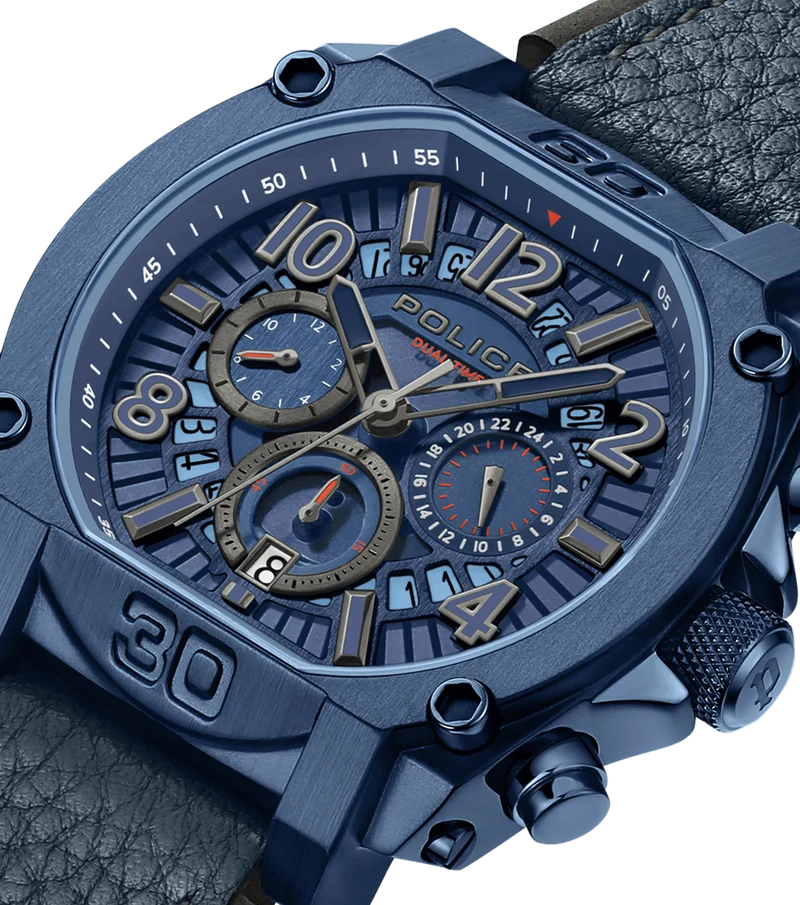 Police Norwood PEWJF0021904 Herrenuhr Blau • Dual-Time-Funktion • Blaues Leder-Armband