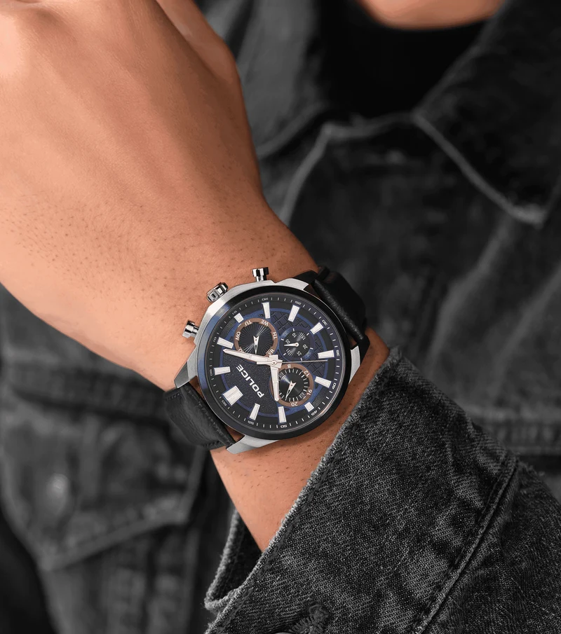 Police Norwood PEWJF0021904 Herrenuhr Blau • Dual-Time-Funktion • Blaues Leder-Armband