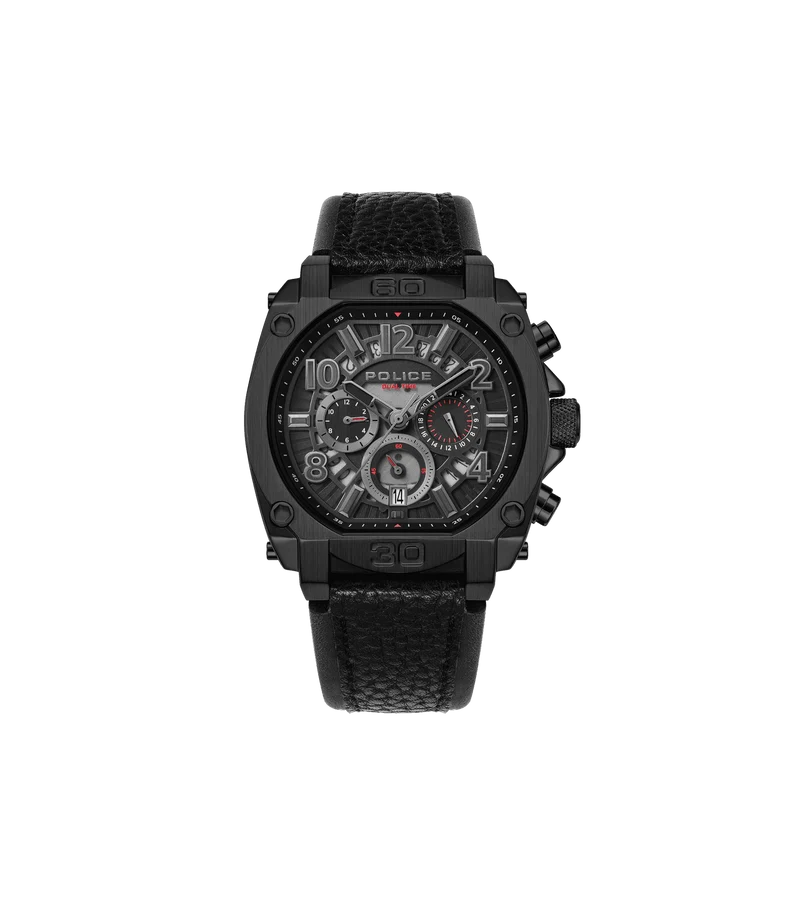 Police Norwood PEWJF0021903 Herrenuhr Schwarz • Zweitzeit-Funktion • Doppellagiges Lederarmband