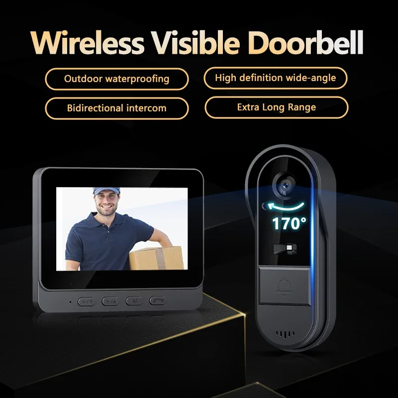 Draadloze Video Deurbel met 4.3 inch Scherm Nachtzicht 170° HD Intercom Waterdicht voor Thuisbeveiliging | Sansoti