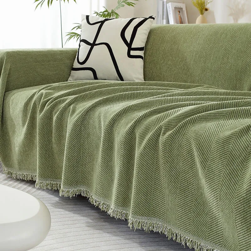 Chenille Plaid met Visgraatpatroon en Kwasten – Zachte Bankdeken 180x130cm – Decoratief Woonkleed voor Sofa | Sansoti