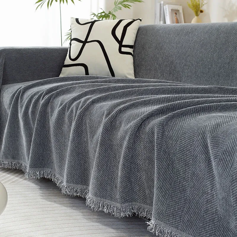 Chenille Plaid met Visgraatpatroon en Kwasten – Zachte Bankdeken 180x130cm – Decoratief Woonkleed voor Sofa | Sansoti
