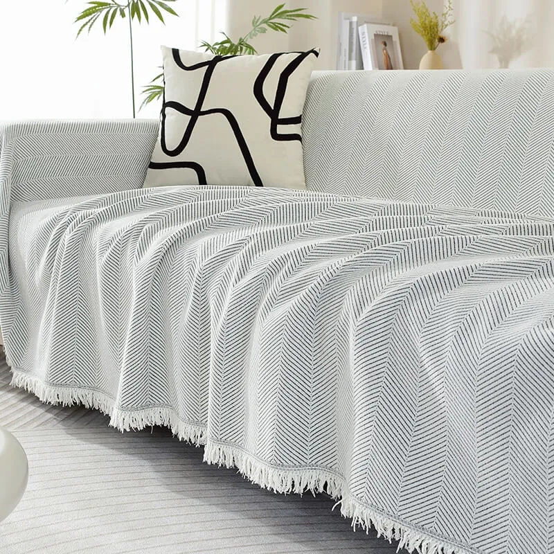 Chenille Plaid met Visgraatpatroon en Kwasten – Zachte Bankdeken 180x130cm – Decoratief Woonkleed voor Sofa | Sansoti
