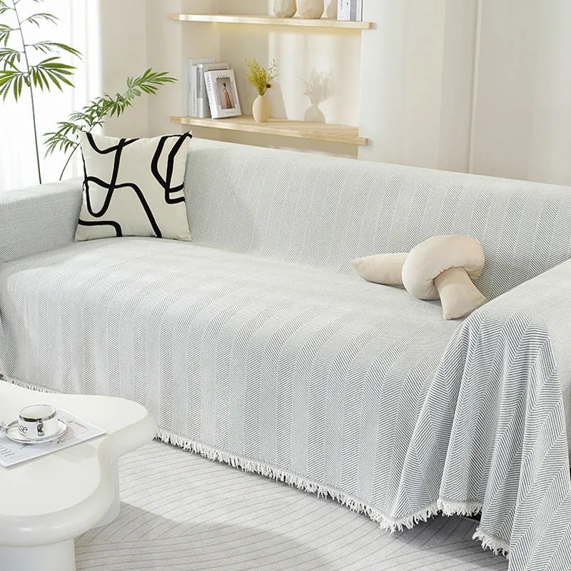 Chenille Plaid met Visgraatpatroon en Kwasten – Zachte Bankdeken 180x130cm – Decoratief Woonkleed voor Sofa | Sansoti