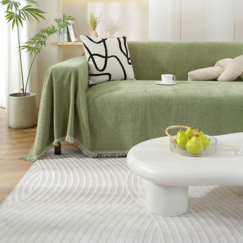 Chenille Plaid met Visgraatpatroon en Kwasten – Zachte Bankdeken 180x130cm – Decoratief Woonkleed voor Sofa | Sansoti