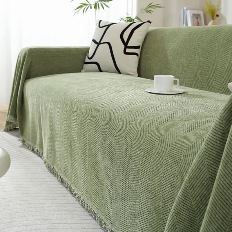 Chenille Plaid met Visgraatpatroon en Kwasten – Zachte Bankdeken 180x130cm – Decoratief Woonkleed voor Sofa | Sansoti