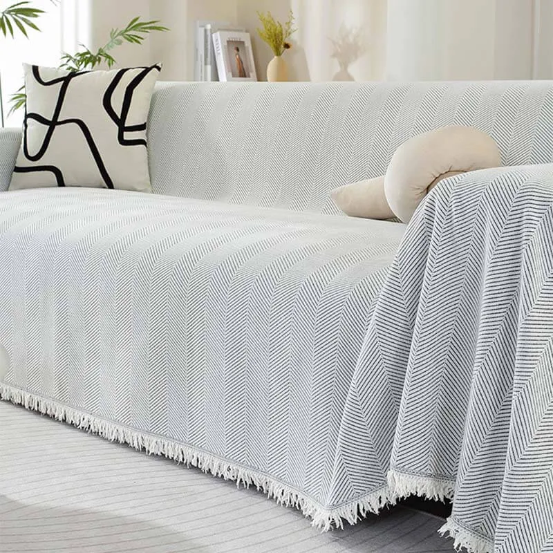 Chenille Plaid met Visgraatpatroon en Kwasten – Zachte Bankdeken 180x130cm – Decoratief Woonkleed voor Sofa | Sansoti