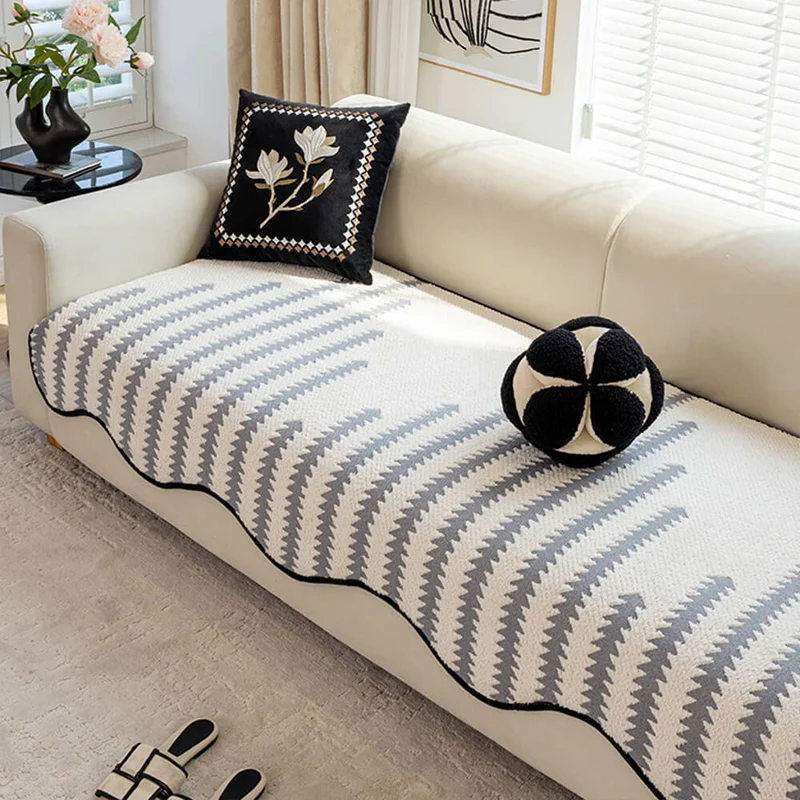 Chenille Bankhoes Golvende Rand Chevron Strepen Eendelig Sofabeschermer Stretch Jacquard Antislip Woonkamer | Sansoti