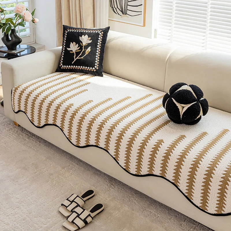 Chenille Bankhoes Golvende Rand Chevron Strepen Eendelig Sofabeschermer Stretch Jacquard Antislip Woonkamer | Sansoti