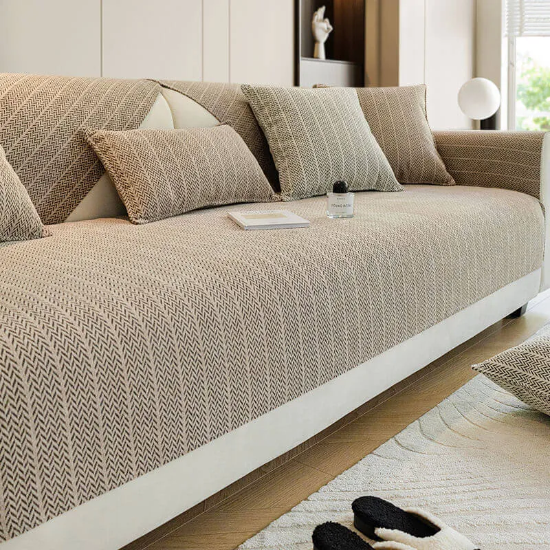 Chenille Bankhoes Visgraatpatroon Krasbestendig Elastisch 70-240 cm 1-Persoons tot Kingsize Zitbank Beschermer | Sansoti
