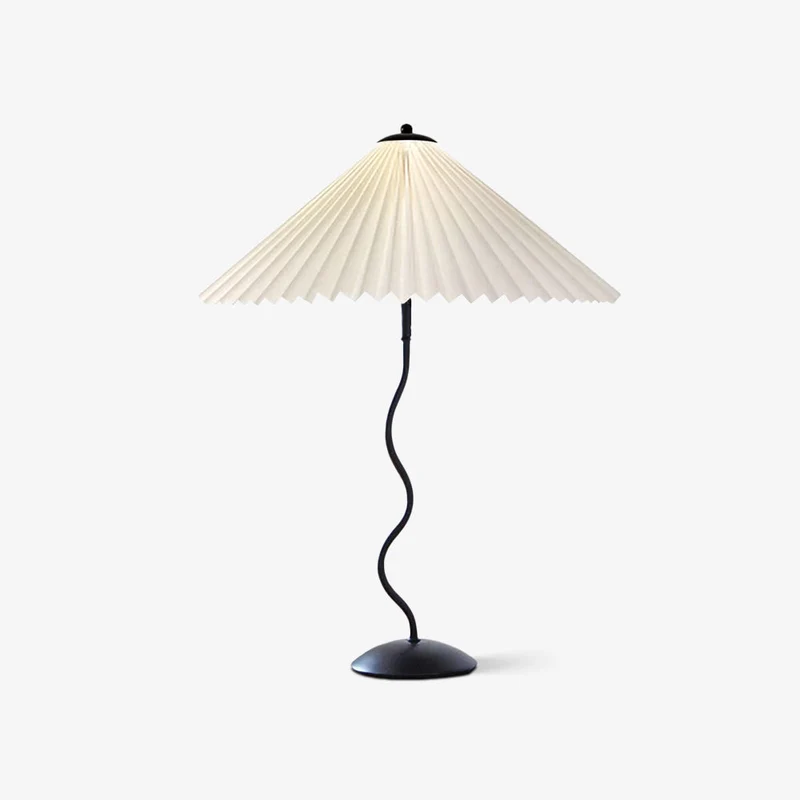Tafellamp met Golvende Voet en Geplooide Kap – Scandinavisch Accent voor Woonkamer, Gang of Slaapkamer | Zwarte Basis met Beige, Witte, Donkergroene of Zwarte Stoffen Kap | E14 Fitting | Dimbaar met Drukknop | Sansoti