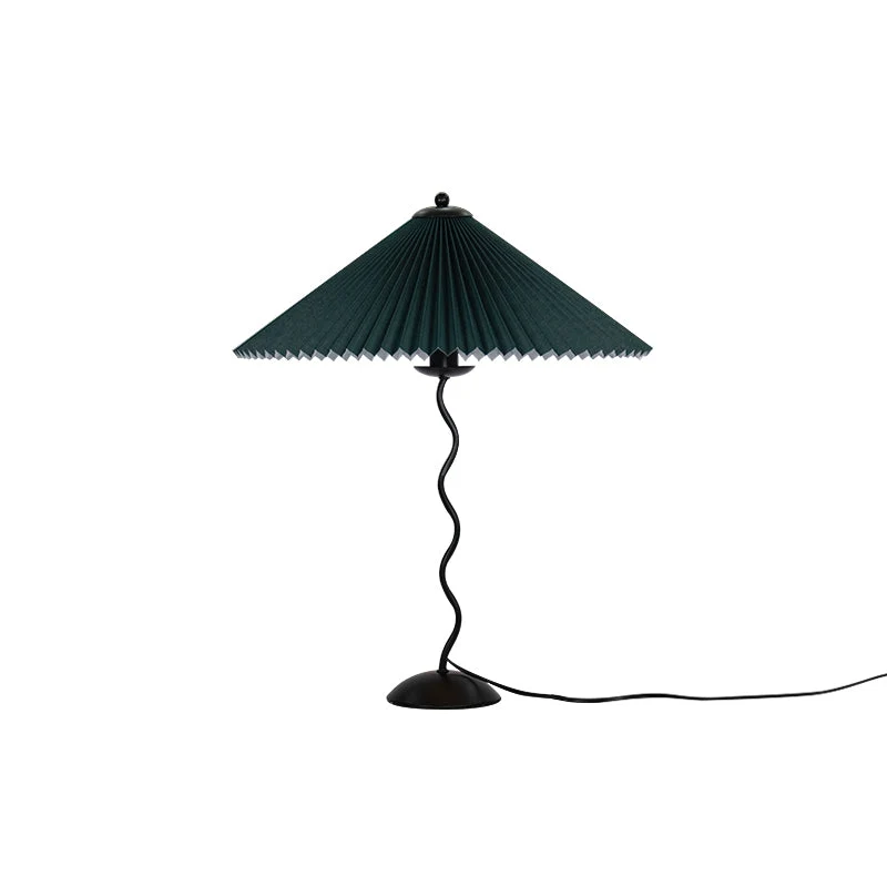 Tafellamp met Golvende Voet en Geplooide Kap – Scandinavisch Accent voor Woonkamer, Gang of Slaapkamer | Zwarte Basis met Beige, Witte, Donkergroene of Zwarte Stoffen Kap | E14 Fitting | Dimbaar met Drukknop | Sansoti