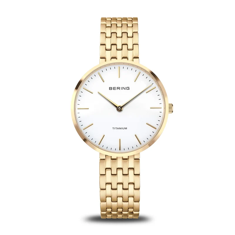 Bering Titanium 19334-334 Damenuhr Gold • Saphirglas • Titan-Gliederarmband