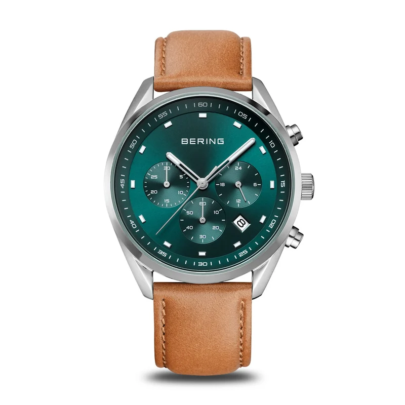 Bering 19240-508 Herrenuhr Chronograph Grün • Saphirglas • Braunes Kalbslederarmband