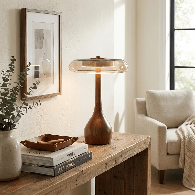 Tafellamp met Gebogen Houten Voet en Amberen Glazen Kap - Modern Scandinavisch Design - Warmwit Licht - Plug-in 150 cm Snoer - ø 8,7" - 2 Hoogtes | Sansoti