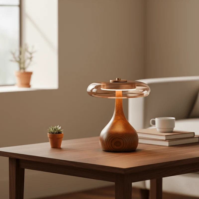 Tafellamp met Gebogen Houten Voet en Amberen Glazen Kap - Modern Scandinavisch Design - Warmwit Licht - Plug-in 150 cm Snoer - ø 8,7" - 2 Hoogtes | Sansoti