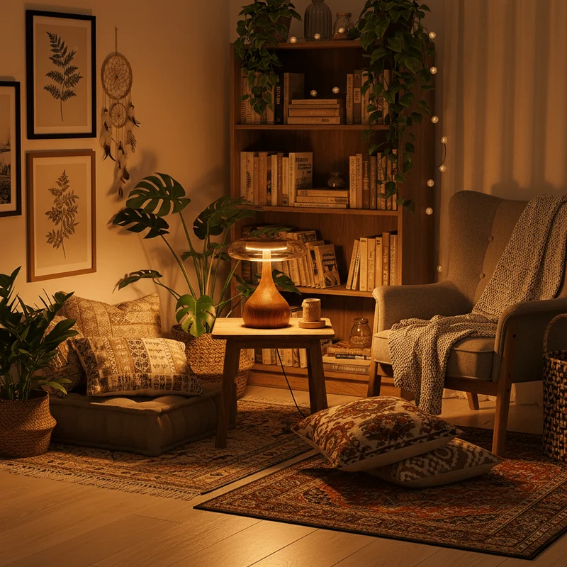 Tafellamp met Gebogen Houten Voet en Amberen Glazen Kap - Modern Scandinavisch Design - Warmwit Licht - Plug-in 150 cm Snoer - ø 8,7" - 2 Hoogtes | Sansoti