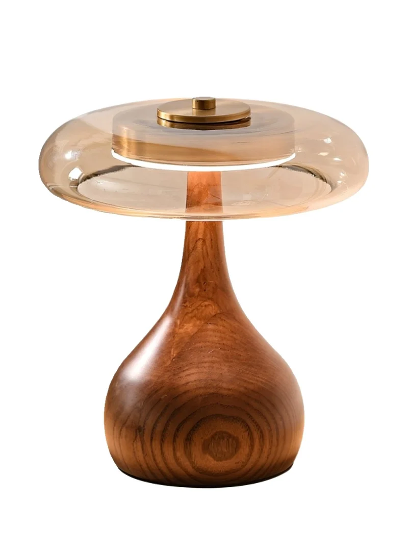 Tafellamp met Gebogen Houten Voet en Amberen Glazen Kap - Modern Scandinavisch Design - Warmwit Licht - Plug-in 150 cm Snoer - ø 8,7" - 2 Hoogtes | Sansoti