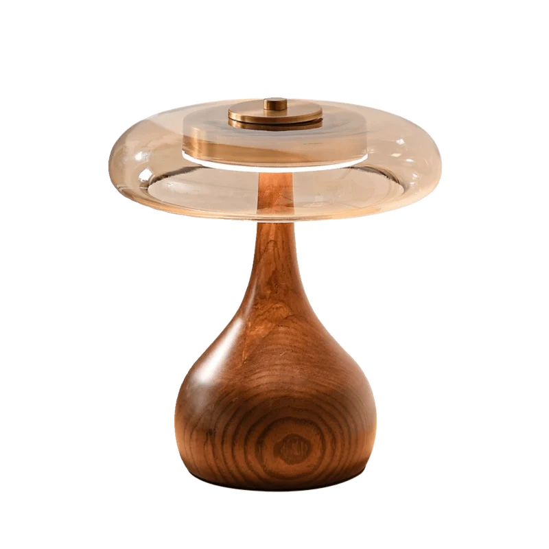 Tafellamp met Gebogen Houten Voet en Amberen Glazen Kap - Modern Scandinavisch Design - Warmwit Licht - Plug-in 150 cm Snoer - ø 8,7" - 2 Hoogtes | Sansoti