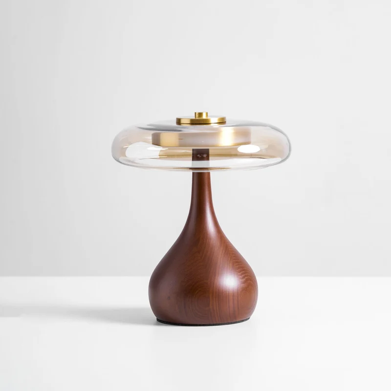 Tafellamp met Gebogen Houten Voet en Amberen Glazen Kap - Modern Scandinavisch Design - Warmwit Licht - Plug-in 150 cm Snoer - ø 8,7" - 2 Hoogtes | Sansoti