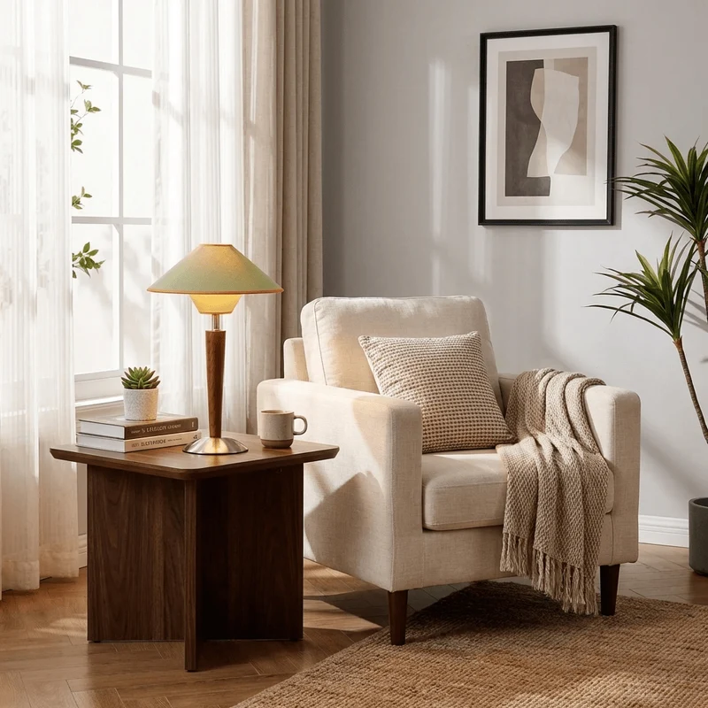 Houten Tafellamp met Stoffen Kap – Walnoot of Nikkel – Warm Modern Design – E26/E27 – Plug-in met Schakelaar | Sansoti