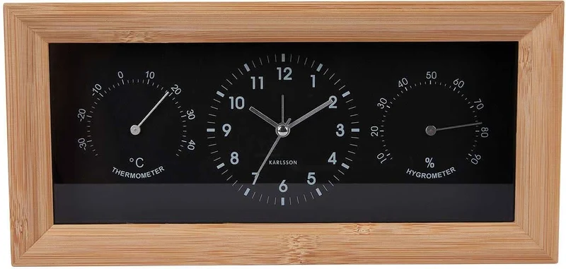 Karlsson Neat Rectangle Wecker 12.8x26x5.4 cm Bambus • Analoge Zeitanzeige • Mit Temperatur & Luftfeuchtigkeit