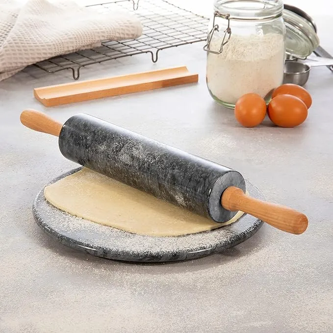 Marmeren Deegroller Met Houten Handgrepen Voor Bakken En Patisserie | Sansoti