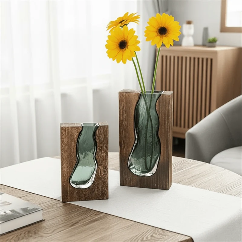 Houten Vaas Met Glazen Inzet Voor Bloemen En Woondecoratie | Sansoti