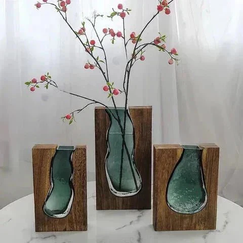 Houten Vaas Met Glazen Inzet Voor Bloemen En Woondecoratie | Sansoti