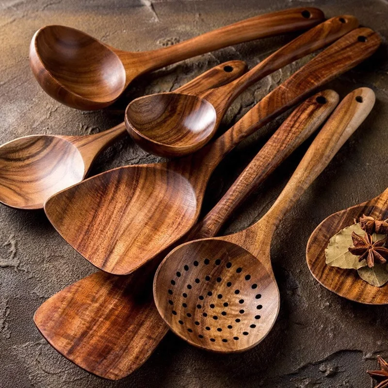 Houten Kookgerei Set Teakhout 7-delig Keuken Lepels Spatels Anti-aanbak Veilig Handgemaakt Kookset | Sansoti