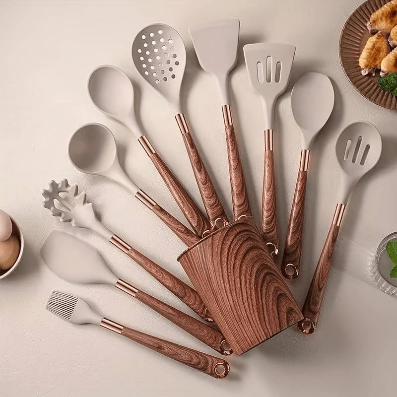 Keukenset Siliconen 10 Delig Hittebestendig Anti-aanbak Kookgerei Set Houten Handvat Keuken Tools Set | Sansoti