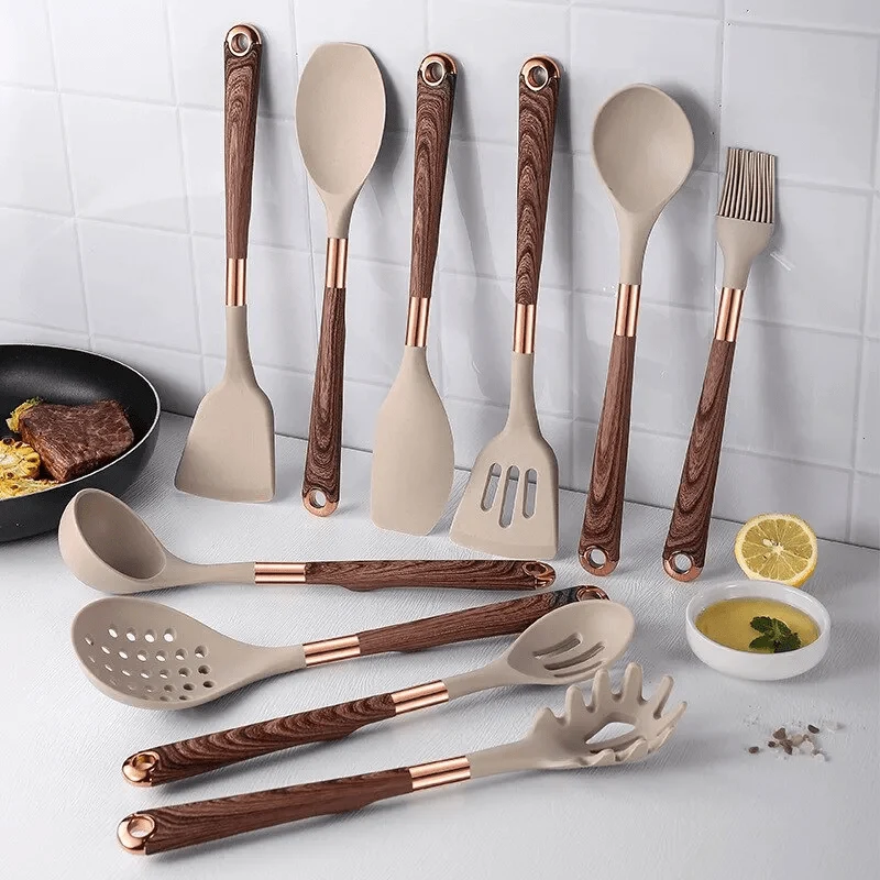 Keukenset Siliconen 10 Delig Hittebestendig Anti-aanbak Kookgerei Set Houten Handvat Keuken Tools Set | Sansoti