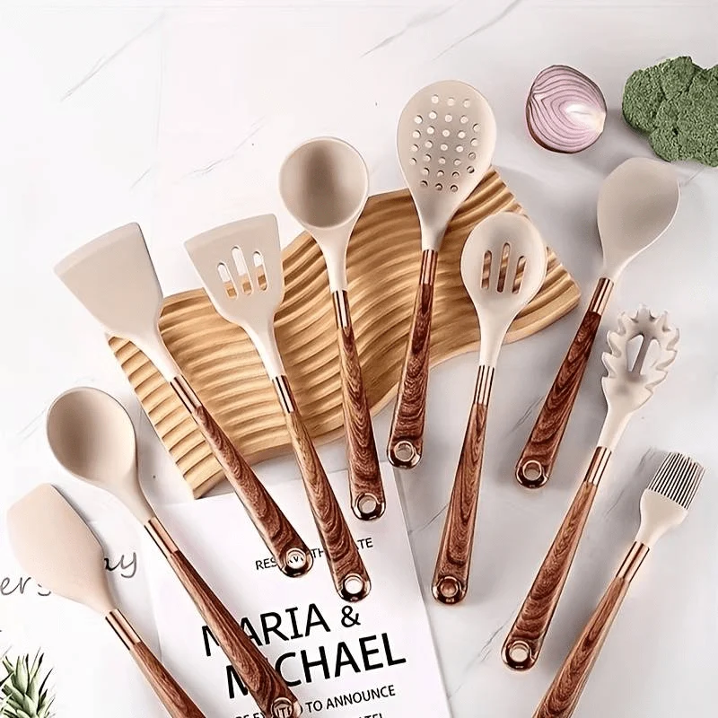 Keukenset Siliconen 10 Delig Hittebestendig Anti-aanbak Kookgerei Set Houten Handvat Keuken Tools Set | Sansoti