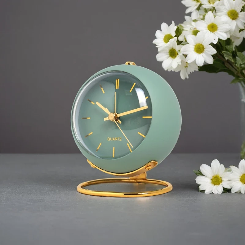 Tafelklok Quartz Metaal Groen Goud Bureau Nachtkastje Analoge Bureauklok Retro Design Woonkamer Slaapkamer | Sansoti