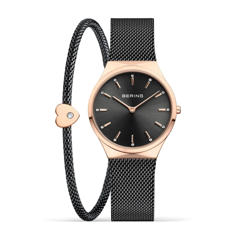 Bering Classic 12131-169-GWP Damenuhr Roségold-Schwarz • Saphirglas • Milanaise-Armband Set