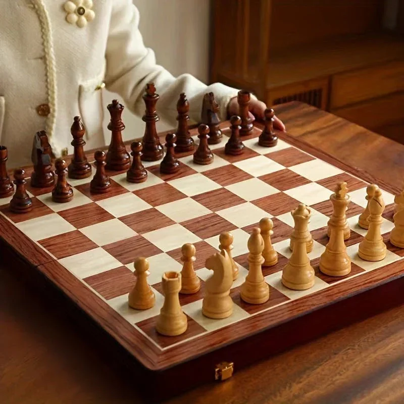 Schaakspel Massief Hout Opvouwbaar Bord Premium Handgemaakte Schaakstukken Klassiek Strategisch Bordspel | Sansoti
