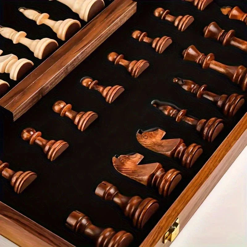 Schaakspel Massief Hout Opvouwbaar Bord Premium Handgemaakte Schaakstukken Klassiek Strategisch Bordspel | Sansoti