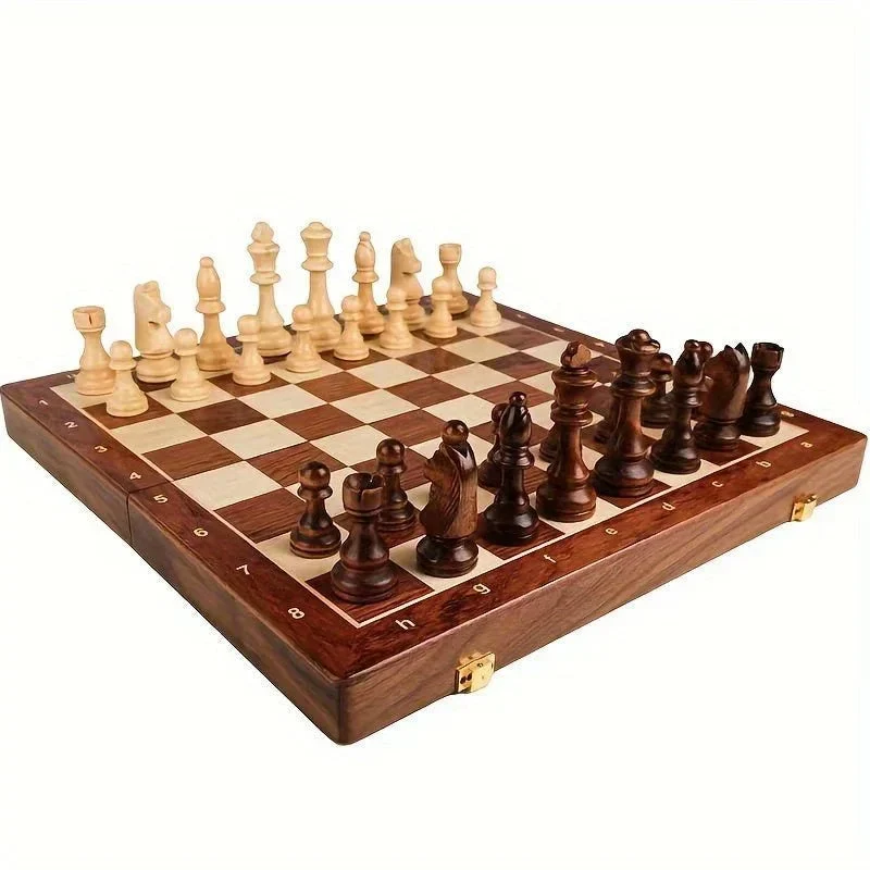 Schaakspel Massief Hout Opvouwbaar Bord Premium Handgemaakte Schaakstukken Klassiek Strategisch Bordspel | Sansoti