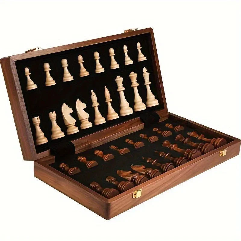 Schaakspel Massief Hout Opvouwbaar Bord Premium Handgemaakte Schaakstukken Klassiek Strategisch Bordspel | Sansoti